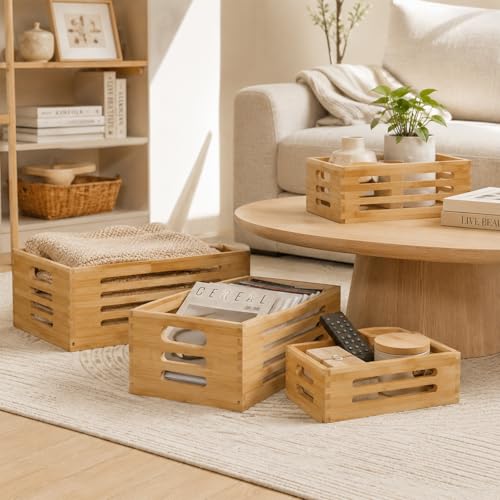 ANMINY Wood Storage Bins Crates, Nesting 4PCS, Sturdy Mortise-Tenon Joint - color: Wood - Hollow Stripe Set of 4