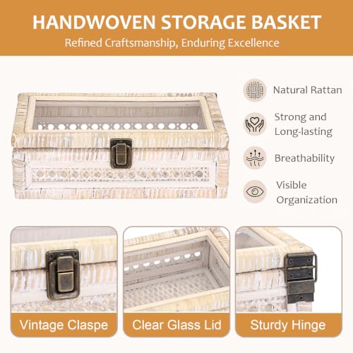 Hipiwe Handwoven Rattan and Wood Display Box with Clear Lid, Whitewash - color: Whitewash Color, size: X-Small, 9.8"x5.9"x3.1"