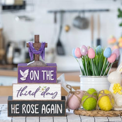 Yousoontic 4 Pcs He Is Risen Easter Tiered Tray Decorations Lent Resurrection Christian Wood Blocks with Cross, Dove, Lily Religious Farmhouse Table Decor for Spring, Holy Week, Easter Display - style: He is Risen