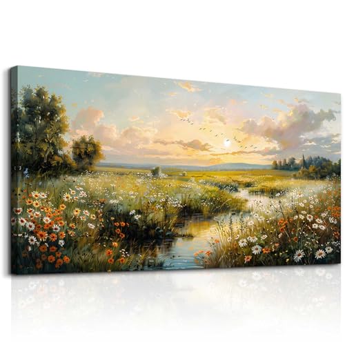 Rural Landscape Wall Art, Vintage Daisy Wildflower Field Canvas, 24x48 Inch - color: Pastoral Scenery Paintings, size: 48"L x 24"W