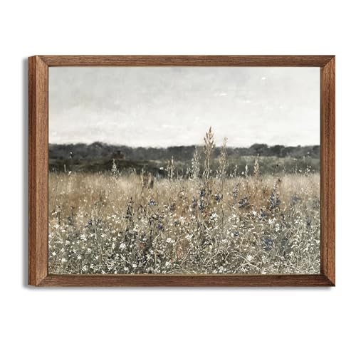 Vintage Flowers Canvas Wall Art,Country Meadow Nature Landscape Painting Posters Prints Rustic Farmhouse,Retro Botanical Wall Decor for Living Room Bedroom Bathroom Home Decor 8x10in Wood Framed - color: Vintage Landscape, size: 10"L x 8"W