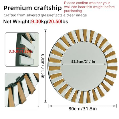Decorative Round Mirror Sunburst: Silver-Brown Crystal Edge 31.5 in - size: 31.5"L x 31.5"W