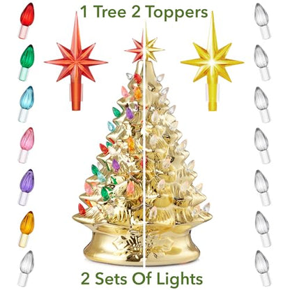 Casafield Hand Painted Ceramic Christmas Tree, Gold 15-Inch Pre-Lit Tree with 128 Multi Color Lights and 2 Star Toppers - color: Gold