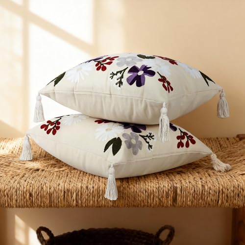 Floral Embroidered Pillow Covers 18x18 Inch Set of 1, White Purple - color: Blooming Daisy