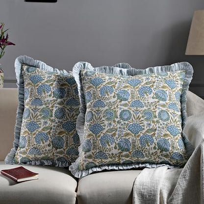 Ridhi Asparagus Green Floral Block Print Throw Pillow Covers 18 x 18 Inch - color: Asparagus Green, size: 18" x 18" (Pack of 2)