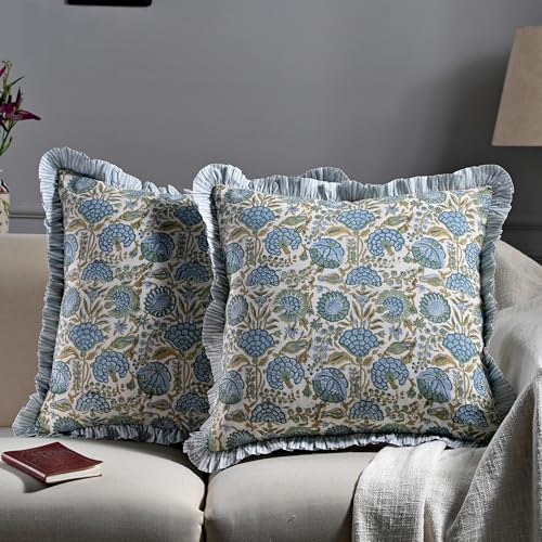 Ridhi Asparagus Green Block Print Ruffle Pillow Covers 20x20 Inch Set of 2 - color: Asparagus Green, size: 20" x 20" (Pack of 2)