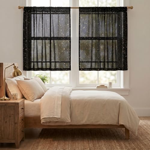 Horaldaily 2Pcs Black Tier Curtains 52x36in, Gold Sequin Star, Halloween - color: Black and Gold, size: 52"W x 36"L (Pack of 2)