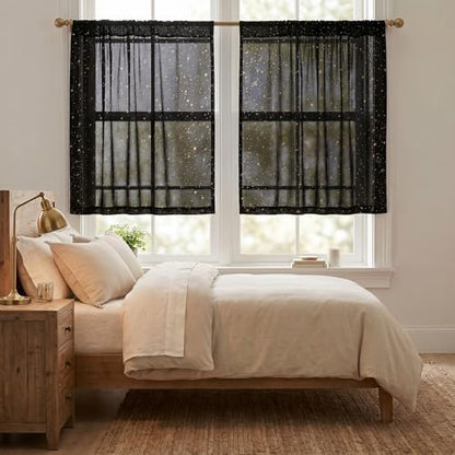 Horaldaily 2Pcs Black Tier Curtains 52x36in, Gold Sequin Star, Halloween - color: Black and Gold, size: 52"W x 36"L (Pack of 2)