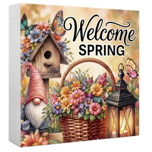 Welcome Spring Wooden Box Sign, Farmhouse Spring Decorations for Home Office Bathroom Kitchen Rustic Wood Block Signs for Desk Shelf Table Decor - color: Welcome Spring