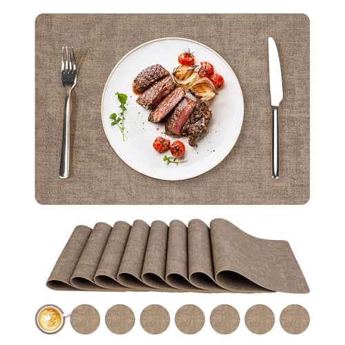 NCUE Vinyl Placemats Set of 8, 17"x12" Wipeable Place Mats with Coasters - color: Light Coffee, size: Set of 8
