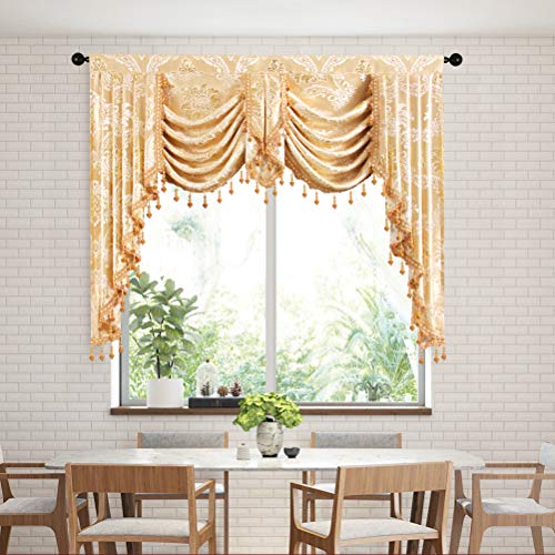 ELKCA Golden Jacquard Swag Waterfall Valance Luxury Curtain Valance for Living Room (Damask-Golden, W69 Inch, 1 Panel) - color: Valance,damask-golden, size: 69"W x 43"L (Pack of 1)