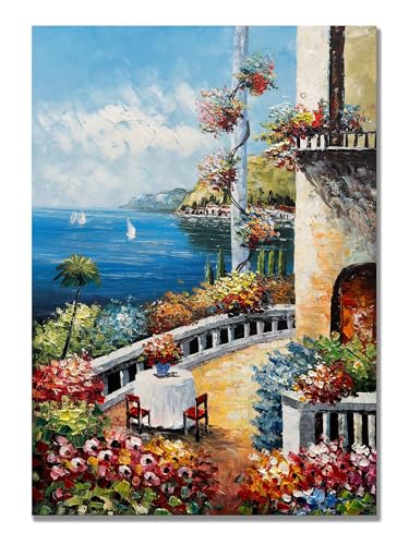 Alenoss Hand Painted Abstract Vertical Canvas Wall Art 28x40 Inches Large 3D Modern Acrylic Painting Mediterranean Sea Landscape Blue Artwork Wall Decor for Home Decorations - color: AL-B85