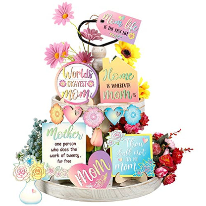 12 Pcs Mother's Day Tiered Tray Decor Happy Mother's Day Sweet Decorations Wooden Centerpiece Items Heart Flower Letters Floral Wooden Table Signs for Mother Gift Decorations Party Supplies - style: Mother