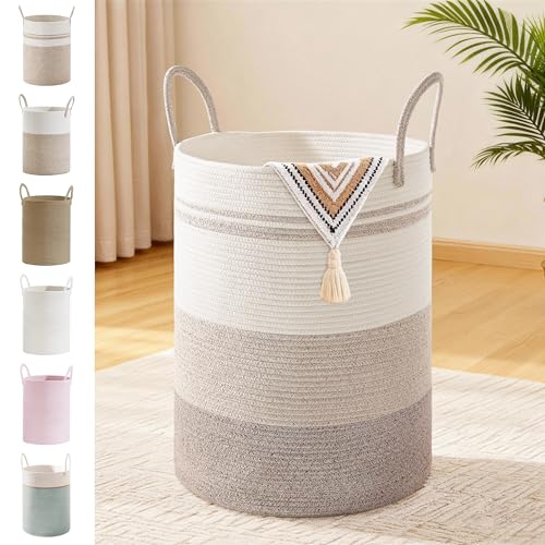 58L Tall Cotton Rope Laundry Basket with Handles, Brown Striped - color: Brown Striped, size: 58L