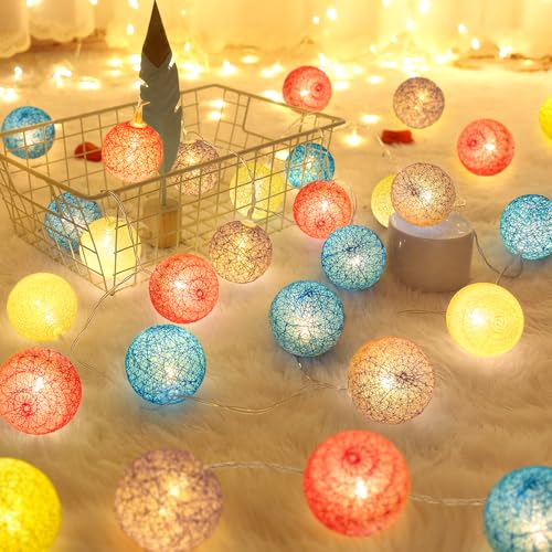 Anordsem Battery String Light Indoor: 6.88Ft/10 LED Cotton Ball Lanterns 2 Pack - Fairy Colorful Lighting Hanging Deco for Room Bedroom Party - Birthday Gifts for Babies Adults 25-50 - color: Colorful