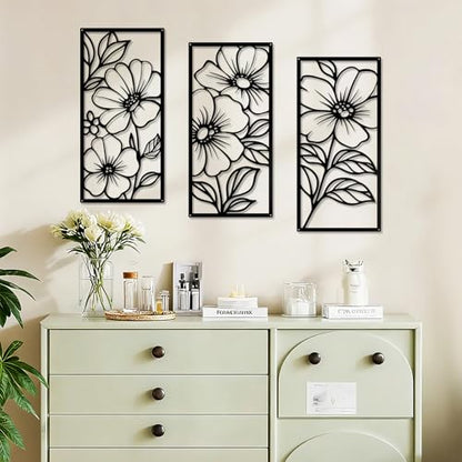 YIYA 3 Pcs Black Metal Flower Wall Art Minimalist Floral Line Art Sculpture 16.9" x 7.9" Rustic Iron Hanging Decor for Living Room Bedroom Bathroom - style: peony