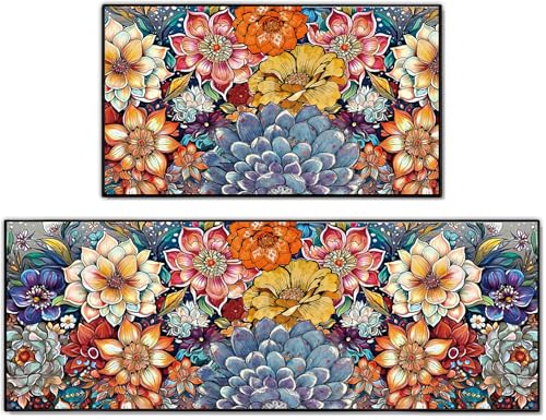 Kitchen Mats for Floor 2 Piece Set, Boho Floral Decor Kitchen Rugs, Non-Slip Absorbent Washable Floor Mats Home Indoor Runner Colorful Carpet 17x30+17x47 Inches - color: Boho Floral