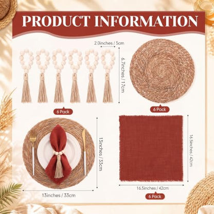 Fanfanwin Set of 6 Boho Woven Placemats with Rust Red Napkins, 13 in - color: Rust Red