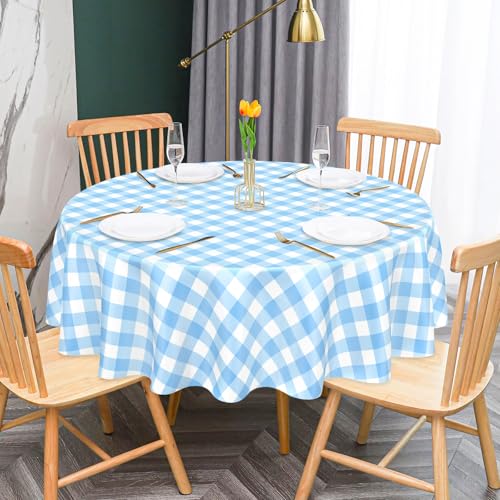 Mulbozy 2 Pcs Light Blue Gingham Round Plastic Tablecloth Disposable - color: Checkered-light Blue, size: 84" Round