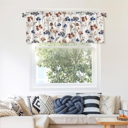 Blue and Brown Floral Kitchen Valance - Farmhouse Style Sheer Valance, 1 Panel, 54 x 18 Inch - color: Blue and Brown