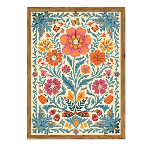 Framed Vintage Mexican Floral Canvas Wall Art, Colorful Folk Flower Wall Decor Pictures, Boho Botanical Painting Prints Rustic Home Decor for Living Room Bedroom 16x24 inch - color: Mexican Floral, size: 24"L x 16"W