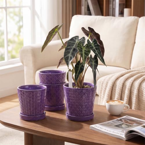 EFISPSS Ceramic Plant Pots, 5 Inch Planters with Drainage Holes and Ceramic Tray, Relief Design Flower Planter, Desktop Office Windowsill Decoration Gift Set of 4 - Purple - color: Purple