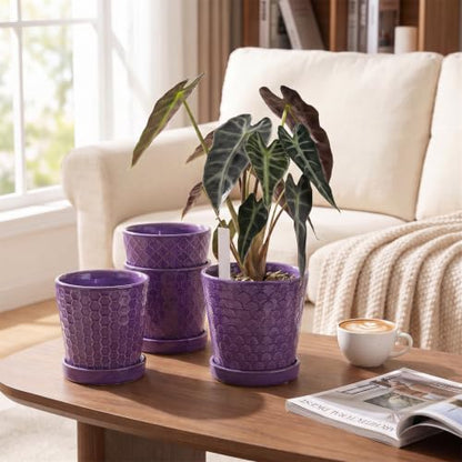 EFISPSS Ceramic Plant Pots, 5 Inch Planters with Drainage Holes and Ceramic Tray, Relief Design Flower Planter, Desktop Office Windowsill Decoration Gift Set of 4 - Purple - color: Purple