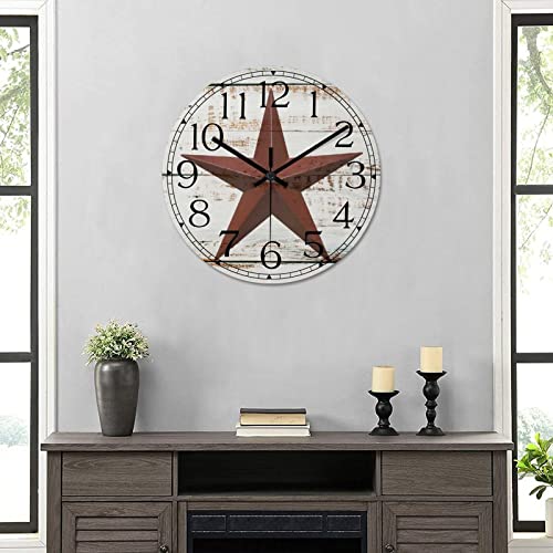 Round Farmhouse Wall Clock Western Texas Star Antique Style Wood Clock Quiet Non-Ticking Battery Operated Easy to Read Retro Wall Hanging Analog Clock for Living Room Kitchen Home 15 Inch - color: Style-3, size: 15in