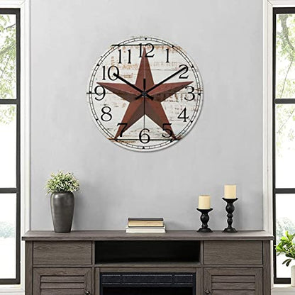 Round Farmhouse Wall Clock Western Texas Star Antique Style Wood Clock Quiet Non-Ticking Battery Operated Easy to Read Retro Wall Hanging Analog Clock for Living Room Kitchen Home 15 Inch - color: Style-3, size: 15in