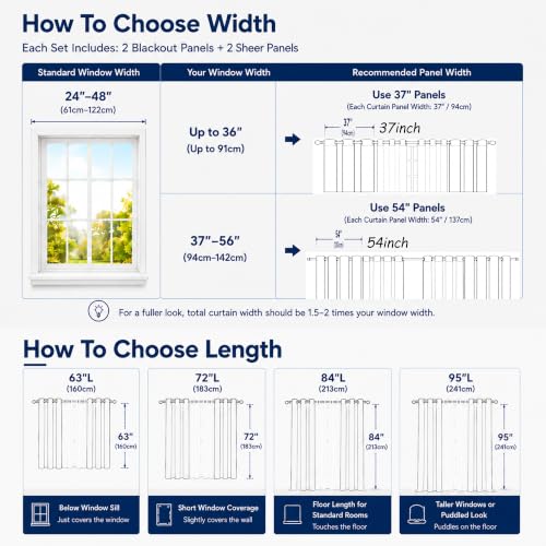 Layered Window Treatments Curtains for Bedroom, Living Room, 4 Panel Set - color: Grey, size: 54"W x 63"L (Pack of 4)