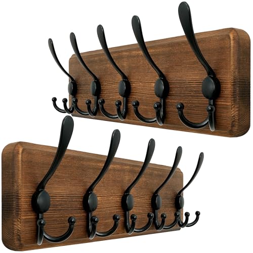WEBI Rustic Coat Rack Wall Mounted,Wood Coat Hanger Wall,5 Coat Hooks,16" Hole to Hole,Hook Rack Rail,5 Triple Hooks for Hanging Jacket,Clothes,Hats,Entryway,Brown,2 Packs - color: Brown, size: 5 Hooks(2 Packs)