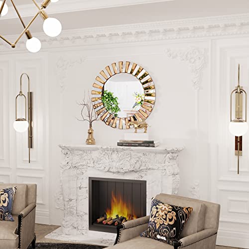 Decorative Round Mirror Sunburst: Silver-Brown Crystal Edge 23.6 in - size: 23.6"L x 23.6"W