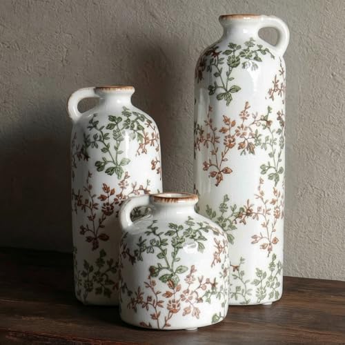Green Floral Vase Set of 3 with Handles, Vintage Ceramic Jugs for Decor - color: Green & Brown02
