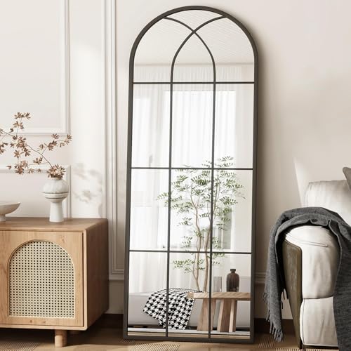 Arched Full Length Mirror 56"x22", Black Windowpane Arched-Top Mirror, Metal Wall Mounted or Leaning Mirrors for Bedroom, Living Room, Entryway - color: Farmhouse Mirror-black, size: 56"L x 22"W