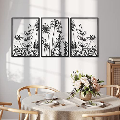 Therwen 3 Pcs Black Metal Wall Art Minimalist Floral Hanging,Cute Style - style: Cute Style