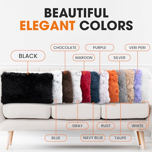 Cheer Collection Throw Pillows for Couch and Bed, Soft Shaggy Throw Pillows with Inserts Included, Cozy Long Hair Faux Fur Pillows - Set of 2-12" x 20" - Black - color: Black, size: 12" x 20"