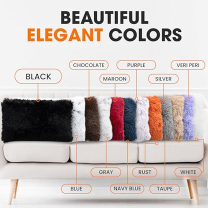 Cheer Collection Throw Pillows for Couch and Bed, Soft Shaggy Throw Pillows with Inserts Included, Cozy Long Hair Faux Fur Pillows - Set of 2-12" x 20" - Black - color: Black, size: 12" x 20"