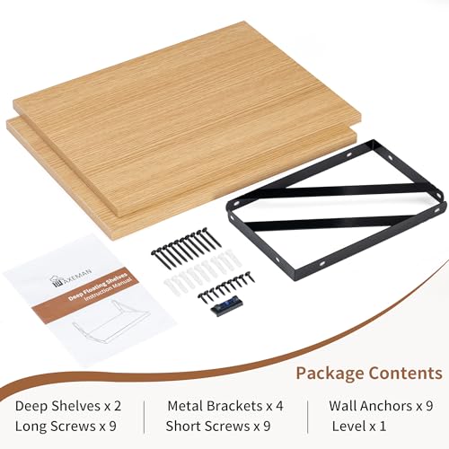Axeman Deep Floating Shelves, 12 Inch Deep Rustic Oak Floating Wall Shelves Set of 2, 16W x 12D Large Floating Shelves Living Room Cleanning Room Laundry Room Garage - Oak with Black Brackets - color: Oak, size: 16W x 12D