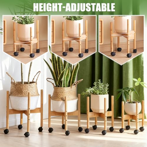 Adjustable Wooden Plant Stand with Wheels 3 Height Adjustment Fits 11.81inch Pots Mid Century Modern Outdoor & Indoor Planter Holder for Home Corner (Plants Not Included) L