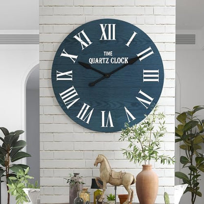 ARTPOWER 35.5" Extra Large Farmhouse Wall Clock,Solid Wood Veneer,Navy Blue - color: Blue, size: 35.5"W x 35.5"H