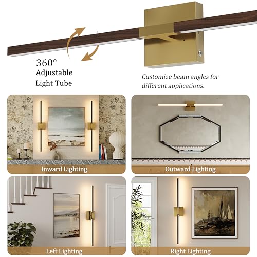 Rayogale Gold & Walnut Battery Operated Wall Sconce with Remote Control - color: Gold & Walnut, size: 32 Inch(2 Pack)