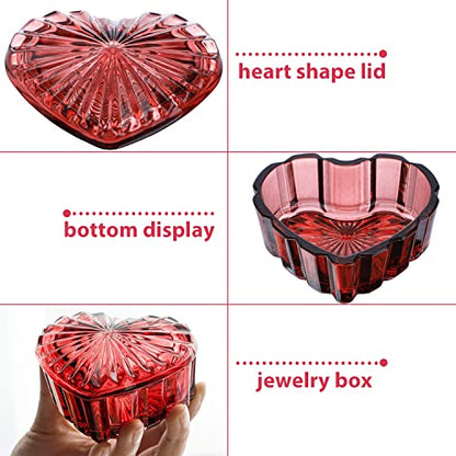 Crystal Heart-Shaped Jewelry Box, Decorative Glass Trinket Box with Lid - color: Burgundy