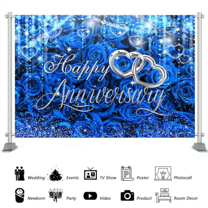 Mocsicka Happy Anniversary 배경, 블루 앤 실버, 2.1x1.5m(7x5피트) - color: 블루., size: M-(82x60 inch)