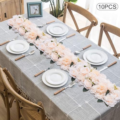 10 Pcs Wedding Dining Table Flower Centerpiece 20.5x11 Inch, Champagne Silk Rose Flower Arrangement For Table Reception Decorations, Artificial Centerpiece For Kitchen Living Room Home Decor