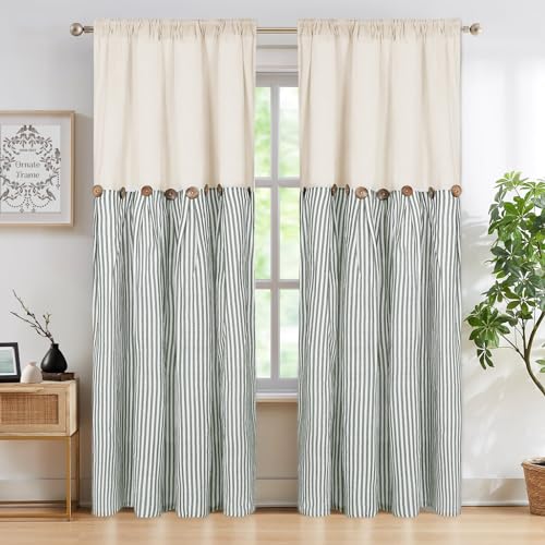 ASPMIZ Cotton Linen Farmhouse Curtains Boho Rustic Button Curtain, Linen Window Curtain Panels Green Stripe Country Curtains for Living Room Bedroom, Back Tab Window Drapes, 52 x 84 Inch, 2 Panels - color: Beige&green, size: 52"W x 84"L (Pack of 2)