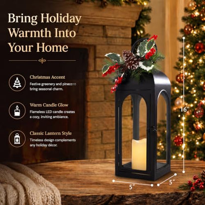 Bdor 16 Inch Black Metal Christmas Lantern with Remote LED Candle and Timer