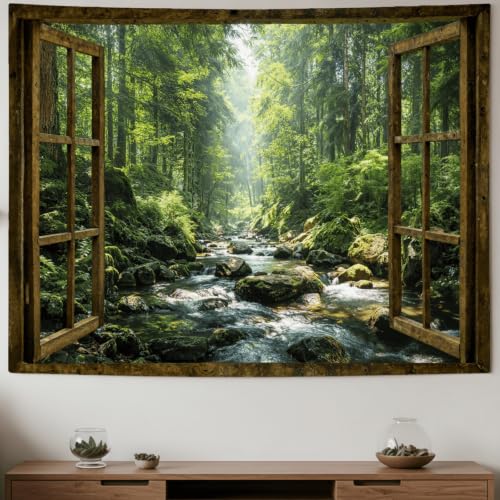 AMM Window Forest Tapestry 80x60 Inch | Green Nature Jungle Large Tapestry Wall Hanging, Rainforest Stream Landscape Wall Mural, Ideal for Bedroom Dorm Living Room - color: Green Rainforest, size: 80"L x 60"W