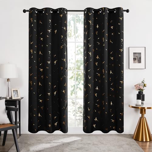 Deconovo Black Out Curtains 84 Inch Long, Curtains for Living Room Bedroom - color: Black/Floral Branch and Dots, size: 42"W x 84"L (Pack of 2)