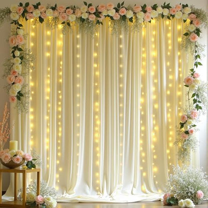 10 x 10ft Beige Backdrop Curtains with Lights String for Party - color: Beige, size: W5' x H10'(2 panels)