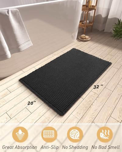 Upgraded Waffle Bath Mat Ultra Absorbent Non Slip Bathroom Mat, 20" x 32" - color: Black, size: 20" x 32"